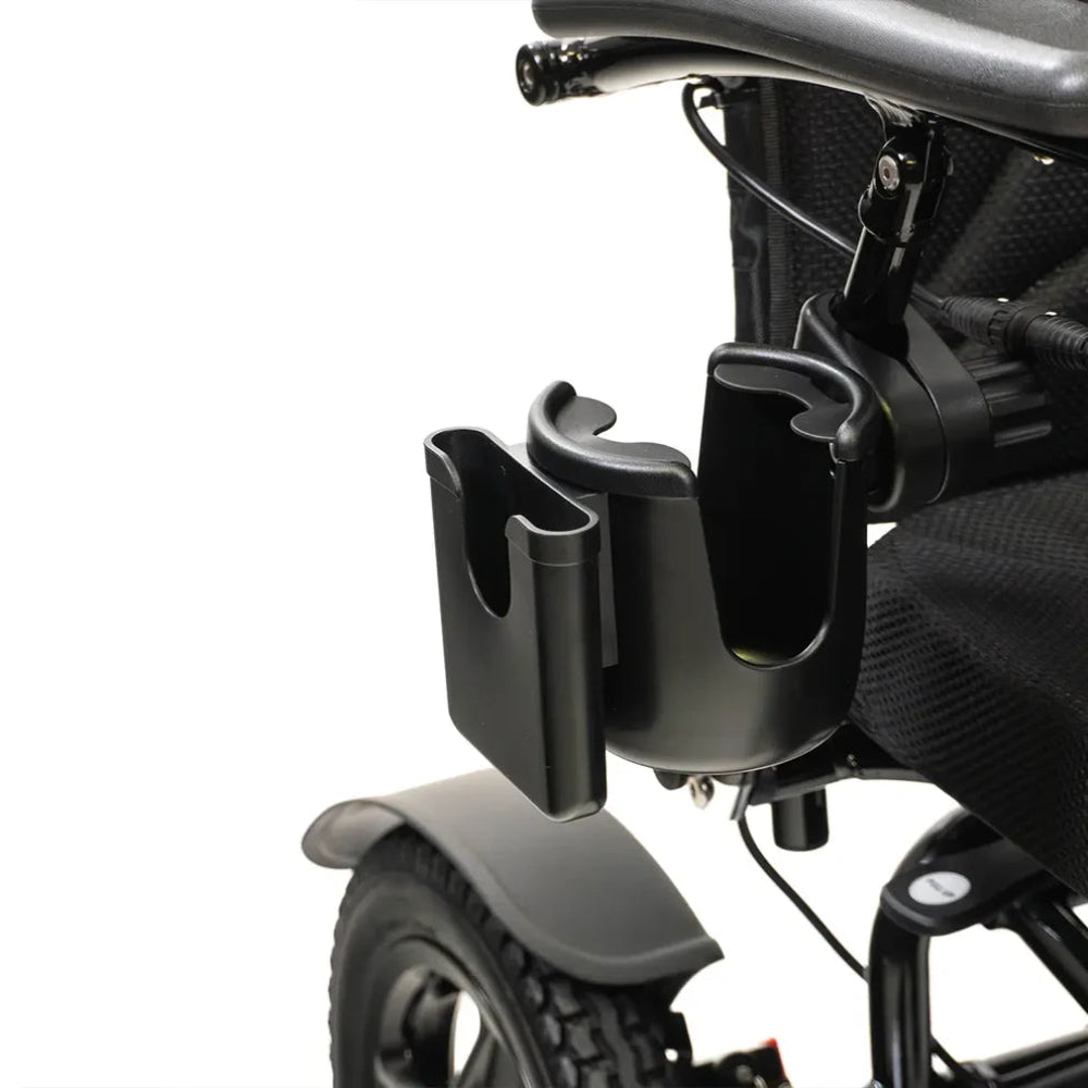 Close-up of the versatile Travel Buggy Vista drink and phone holder accessory attached to a mobility chair.